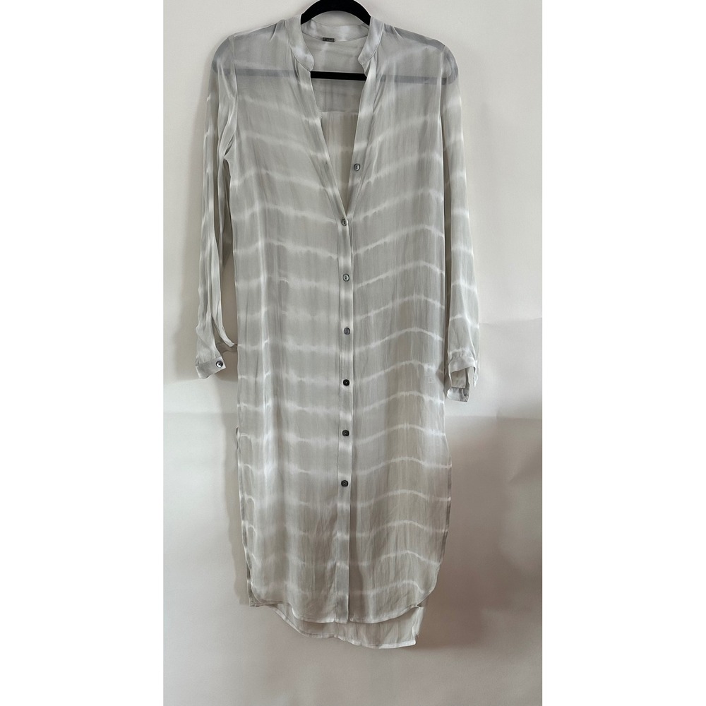 Chan Luu Grey White Tie Dye Button Down Shirt Dress Viscose XS Boho Beach Cover